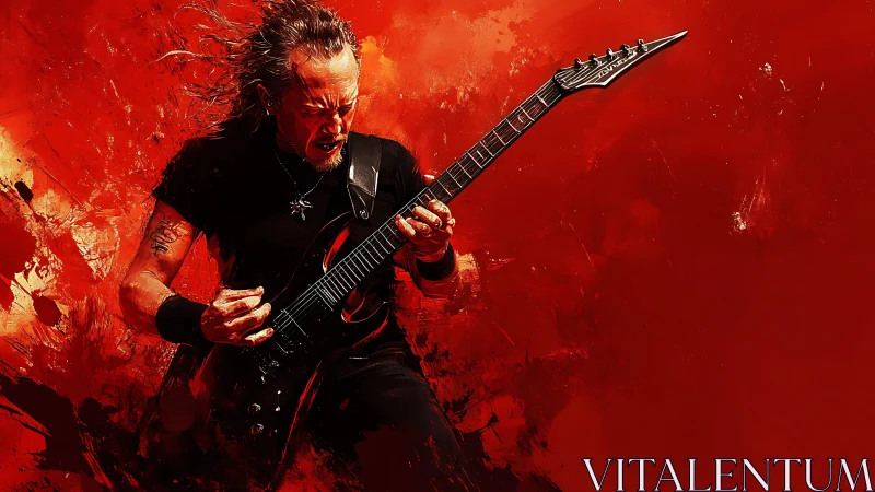 Electric guitarist in red abstract digital environment.