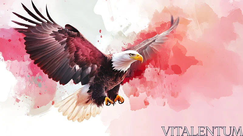 Majestic Bald Eagle in Flight, Watercolor Digital Art Style.