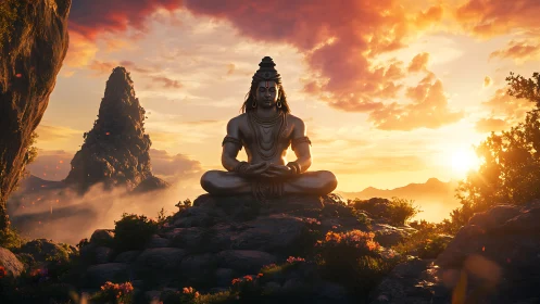 3D meditative deity sculpture in dramatic sunset landscape.
