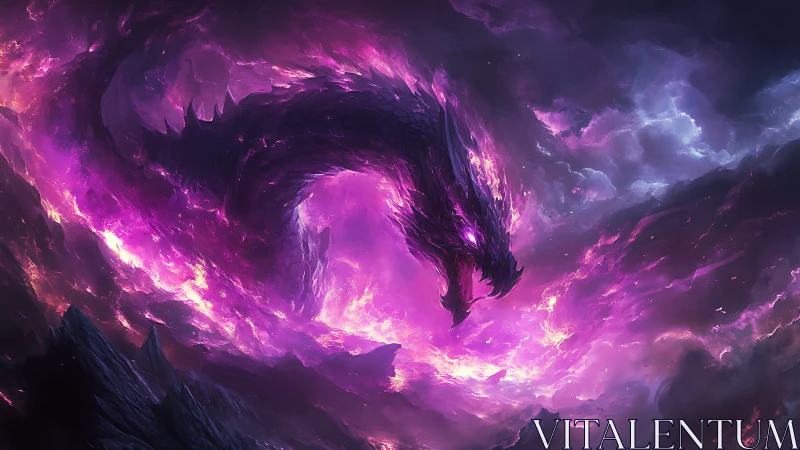 Cosmic dragon form within swirling violet energy clouds.