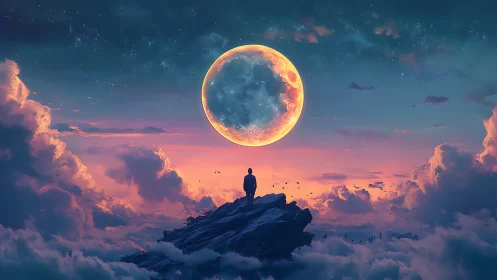 Solitary figure studies luminous moon above pastel clouds.