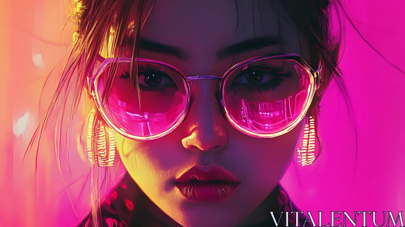 Neon reflections ignite a cyber glam portrait in pink light.