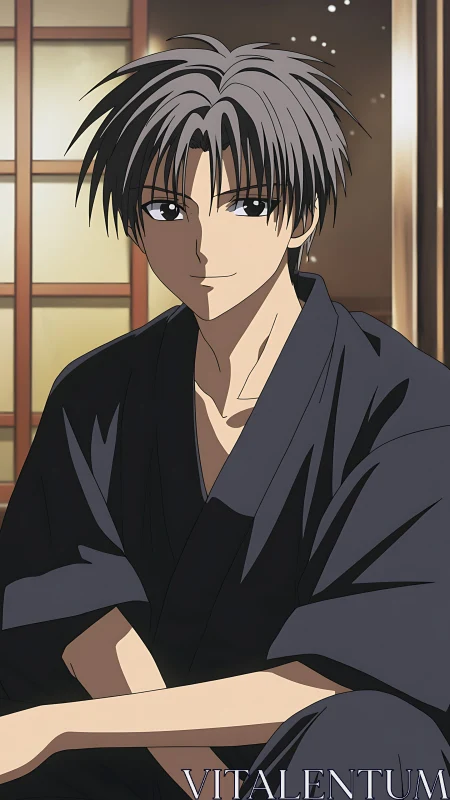 Analytical portrait of relaxed anime youth in yukata interior.