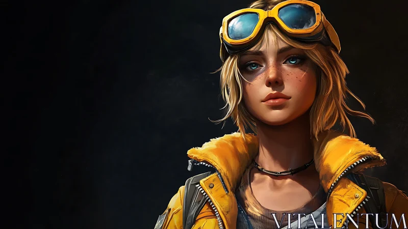 Blonde woman in yellow goggles stares ahead confidently