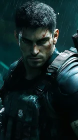 Armored male figure stands in rain with illuminated profile