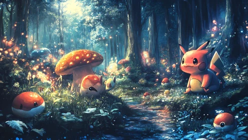 Pikachu resting in luminous forest glade with Pokéball forms.