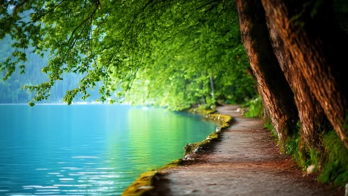 Lakeside forest path curves gently beside glowing turquoise water.