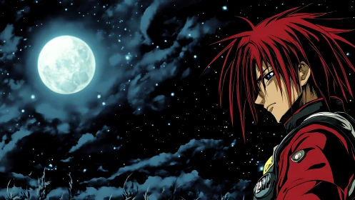 Red haired warrior studies bright moon under starry sky