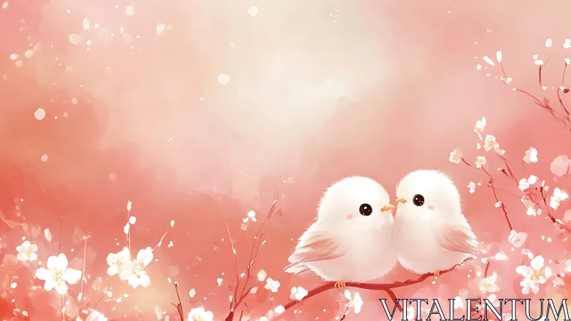 Two Snowy Companions: Feathered Hearts in Blossom Bliss.