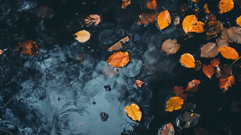 Autumn foliage drift on rippled dark water with cool reflections