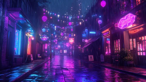 Neon rainlit alley glowing with dreamy midnight colors.