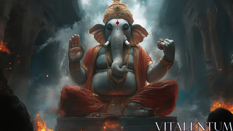 Divine Ganesha deity in cinematic 3D temple composition.