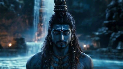 Divine blue figure meditates beside a misty sacred waterfall.