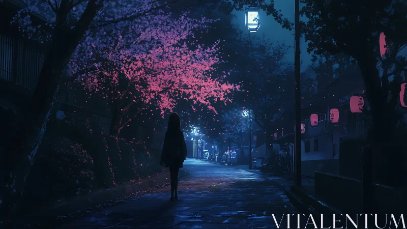 Midnight stroll beneath neon-lit cherry blossoms in bloom.