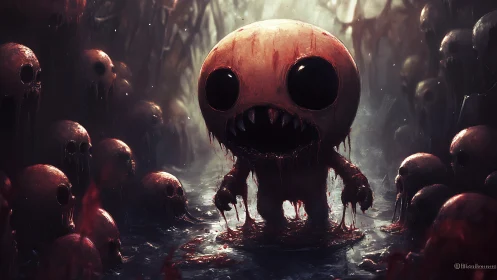 Grotesque one-eyed creature amid blood-soaked skull marsh.