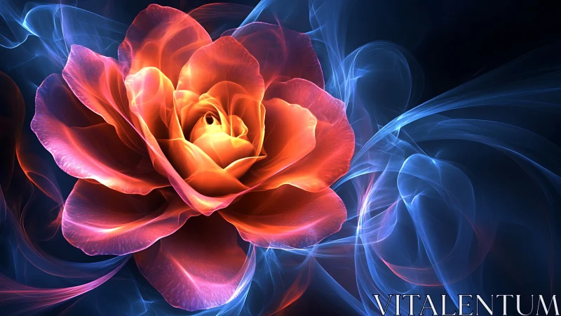 Luminous digital rose with swirling neon smoke aura.