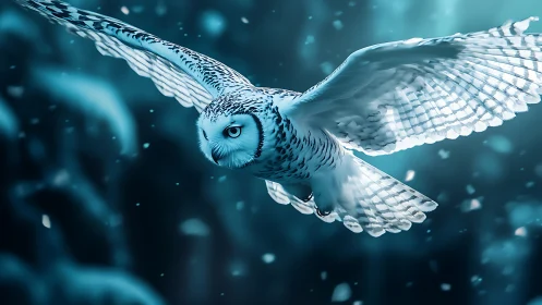 Snowy owl in flight through winter forest, ethereal blue tones.