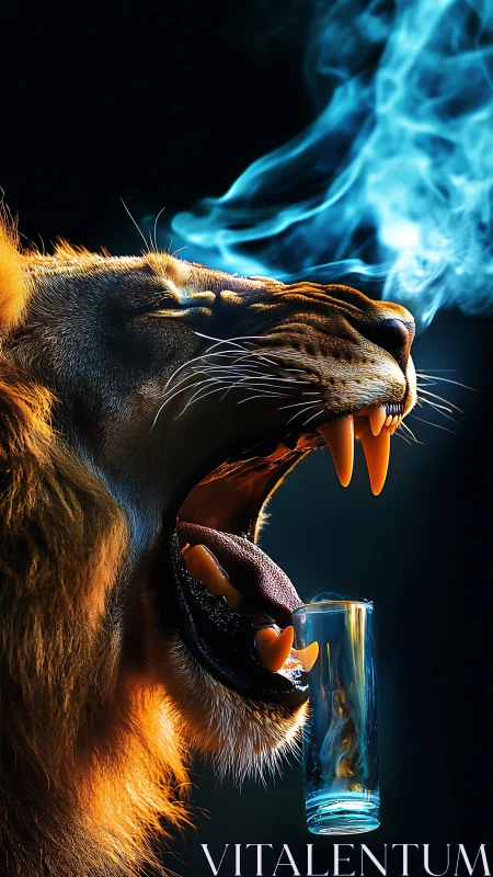 Fiery lion exhales blue smoke while balancing a glass