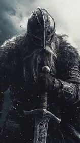 Storm-lit Viking warrior grips sword in brooding silence