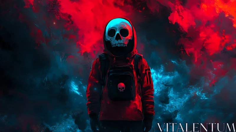 Skull-hooded wanderer in red jacket amid neon storm.