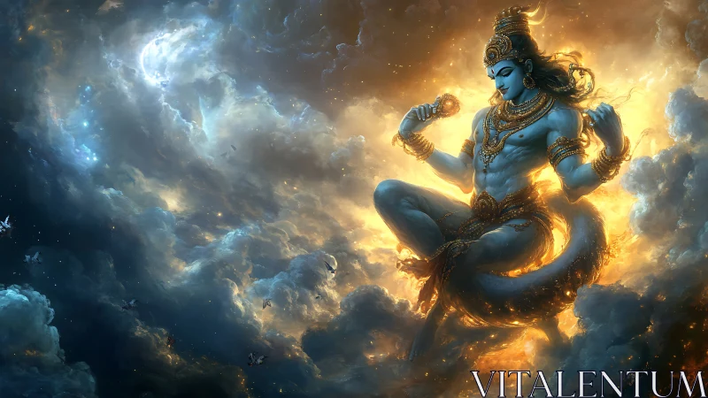 Celestial blue deity emerging from radiant cosmic clouds.
