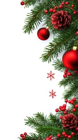 Vertical evergreen border with red ornaments on white background.