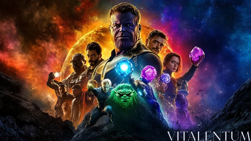 Cosmic battle composition with glowing stones and space vortex.