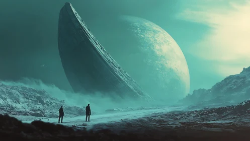 Futuristic explorers study colossal alien monolith on ice world.