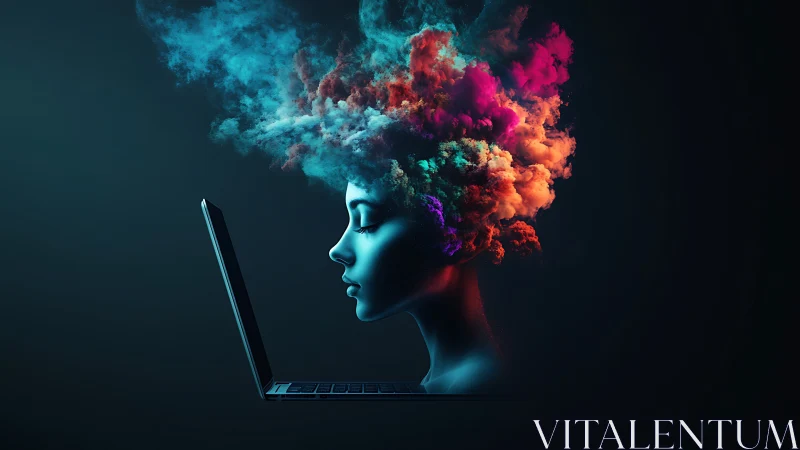 Surreal digital mind emerges from laptop in vivid neon clouds