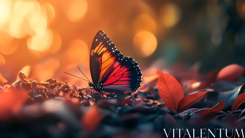 Backlit butterfly rests on autumn foliage in shallow focus