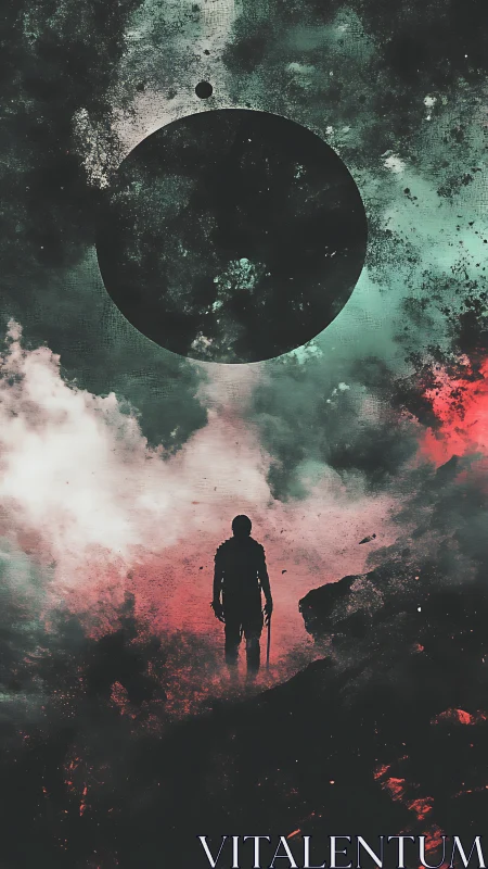 Solitary figure studies eclipsed planet in stormy cosmic sky