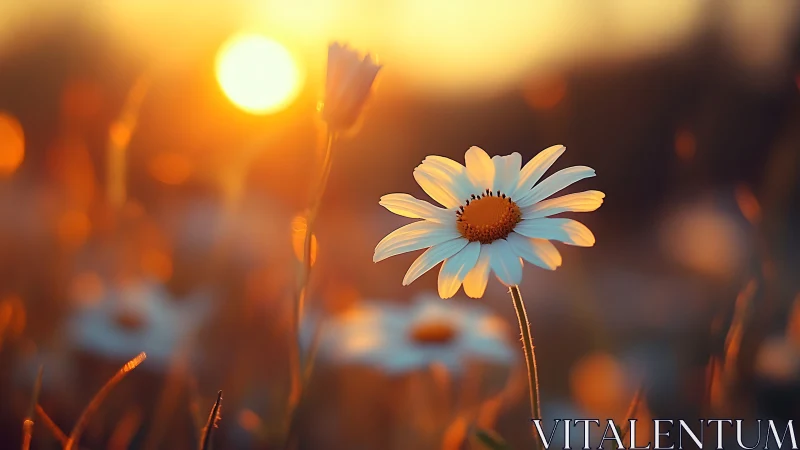 Daisy flower in sharp focus against warm sunset field.