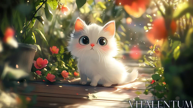 Enchanted Garden Friend: A Fluffy White Cat's Magical Moment.