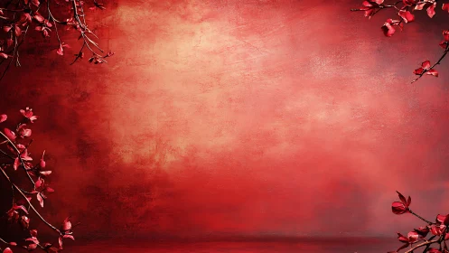 Red textured backdrop with sparse floral branches framing space