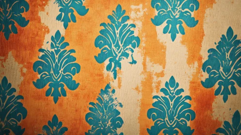 Distressed teal damask pattern over orange striped textured wall