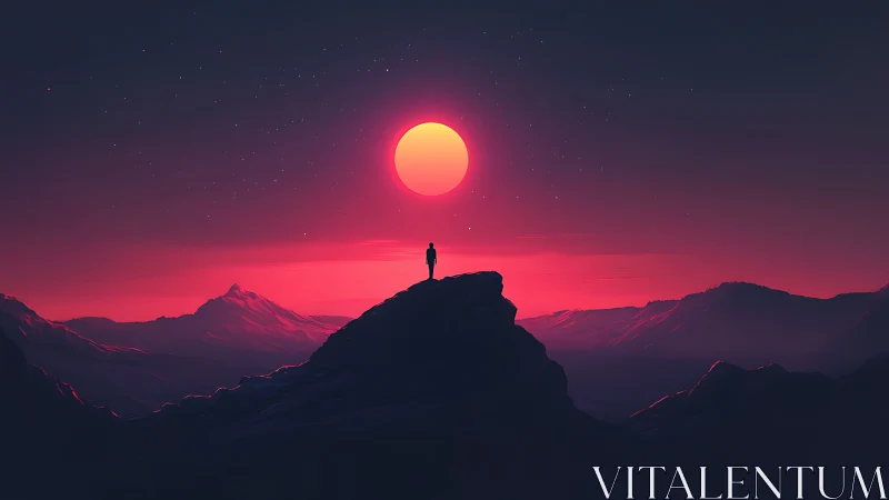 Solitary figure studies neon sun over stylized magenta ranges