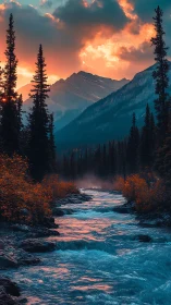 Mountain river under dense clouds at sunset in forest valley.