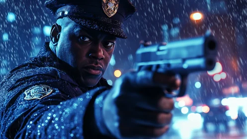 Rain-slicked night officer locking steel resolve on target.