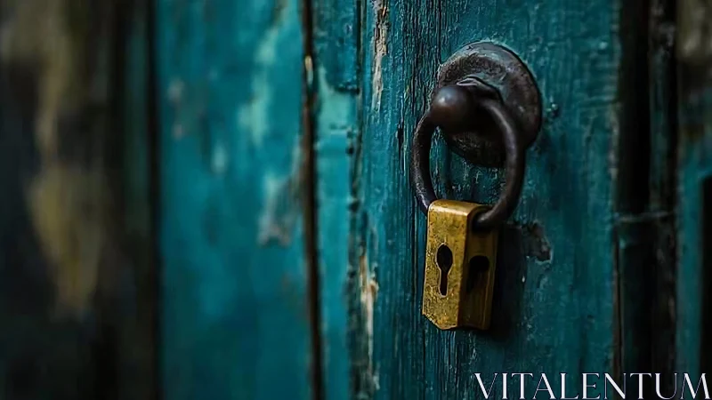 Rusty teal door holds a golden lock of quiet secrets.