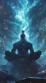 Meditating figure levitates within luminous blue cosmic vortex
