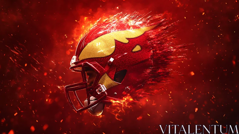 Fiery red football helmet exploding through molten sparks.