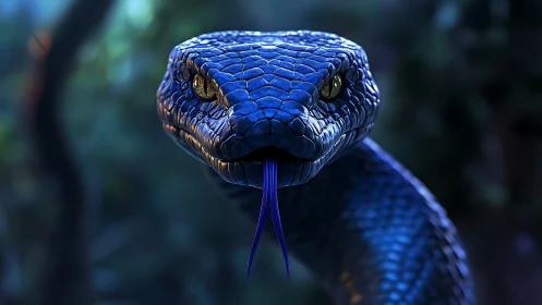 Blue serpent close-up with glowing eyes and forked tongue.
