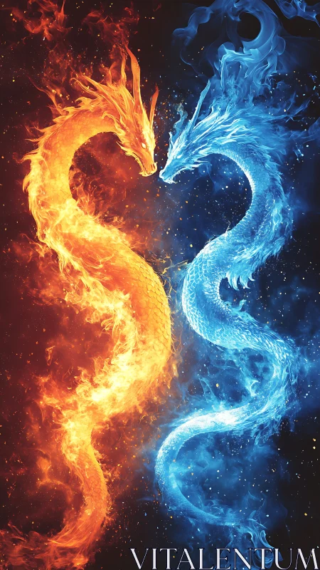 Twin elemental dragons curl into a blazing spiral of balance