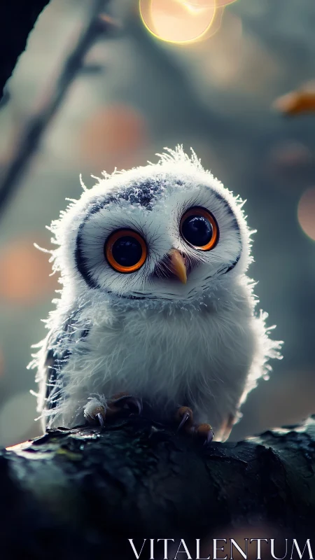Wide eyed baby owl glowing softly in a dreamy forest.