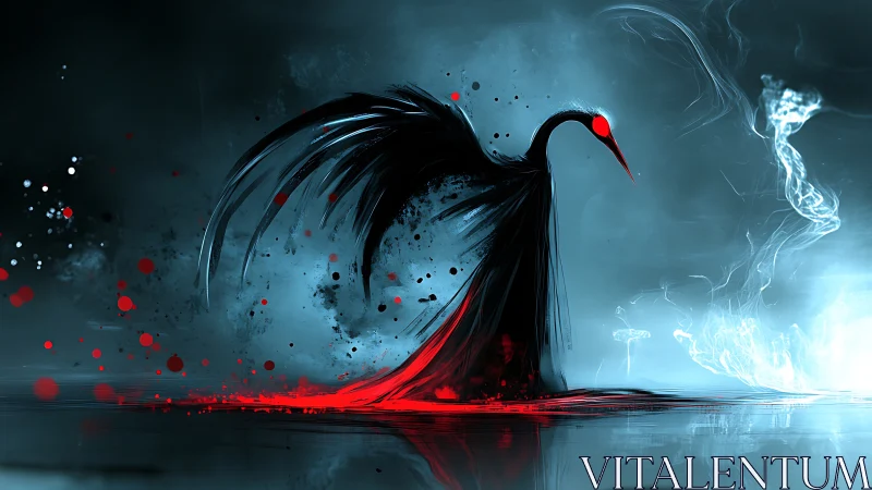 Abstract crimson heron emerges from vaporous cyan void