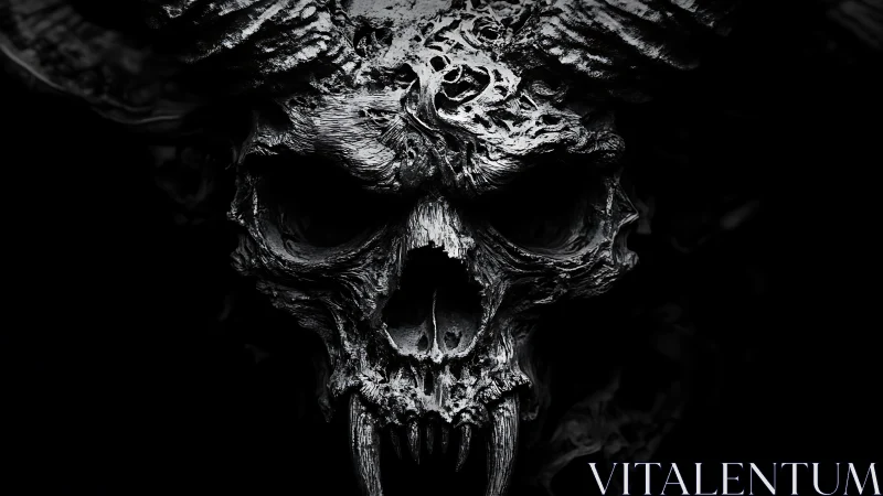 Demonic horned skull rendered in dark monochrome detail.