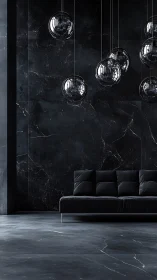 Parametric black interior with glass pendants and sofa geometry.
