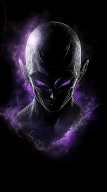 Alien humanoid bust with purple cosmic energy cloud.