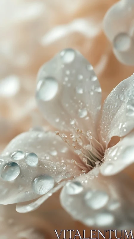 Macro depth-of-field study of dewy white blossom petals in soft bokeh
