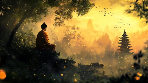Monk in ember mist gazes toward a dreaming mountain pagoda.